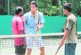 LINE call Gaurav of Rajasthan and Dheeranush of Chandigarh argue during their match of the CLTA-AITA Super Series Tennis Tournament at the CLTA sports complex in Chandigarh on Monday. The incident occurred as there was no referee. A referee was called later, but he failed to resolve the dispute.