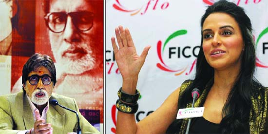 (Left) Bollywood actor Amitabh Bachchan addresses the media at a promotional event for his film 'Aarakshan' while (right) actress Neha Dhupia attends a preview of the upcoming film 'Gandhi to Hitler' in New Delhi on Monday