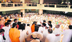Thousands of supporters of Baba Ramdev at Patanjali Yogpeeth Phase I ashram in Haridwar on his arrival from Jollygrant hospital, Rishikesh, on Tuesday.