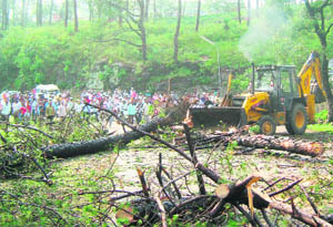 A bulldozer removes trees that were uprooted following rain and high-velocity winds on the Pathankot-Mandi National Highway on Tuesday. It left hundreds of vehicles stranded on the road. 