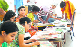 Artist Tejinder Ladi at a workshop on pastel painting at the Virsa Vihar in Jalandhar on Sunday.