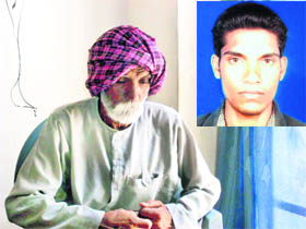 Darshan Singh, father of Mandeep Singh (inset), at the Sadar police station in Jagraon.