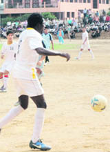    A match under way during the All-India Football Tournament at DS Bisht Stadium at Pithoragarh 