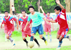 A match in the Lala Nemi Dass Memorial District Football League is played at the Pavilion ground in Dehradun on Thursday
