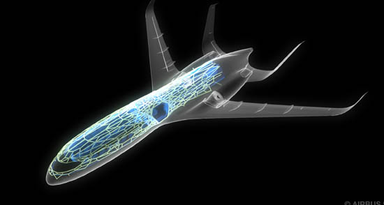 An image released by Airbus showing a see through view of their Concept Cabin which uses a bionic structure mimicking bird bone, allowing for a lighter weight structure and open panoramic views