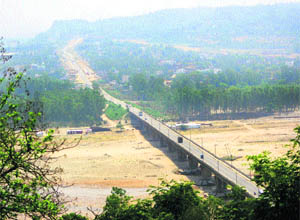 An aerial view of the Tawi bridge on the National Highway no. 1-A, which links Sidhra to Nagrota