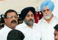 Surjit Jyani, Sukhbir Singh Badal and Janmeja Singh Sekhon at a function held in Fazilka