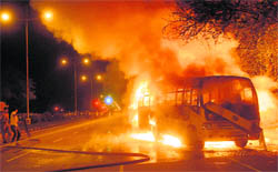 The bus (CH 03 Z 6565) of the Chandigarh Group of Colleges, which was set on fire by members of the sangat after the vehicle crushed its members in Sector 28, Chandigarh, on Saturday night