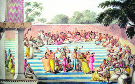 A Krishna festival in a haveli courtyard. From a Bengal album; ca 1795