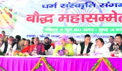 RSS leader Indresh Kumar (in pink headgear) along with other speakers at Bodh Mahasammelan in Dehradun
