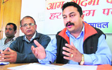 Congress secretary Rohit Thakur addresses mediapersons at the party office in Shimla on Sunday. 