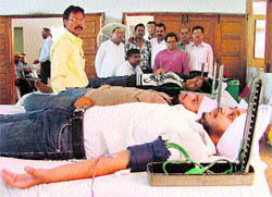 Donors donate blood at a blood donation camp organised by Salaam Zlndagi in Ludhiana on Sunday