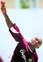 West Indies Fidel Edwards bowls during a practice session in Jamaica on Saturday