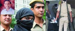 One of the men arrested for the murder of Delhi businessman Vinod Kumar Gupta (inset). (Right) Policemen remove Guptas body at Sector 92 in Noida.