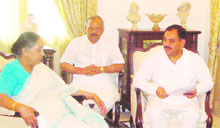   A delegation of the Congress with Governor Margaret Alva in Dehradun on Monday. 