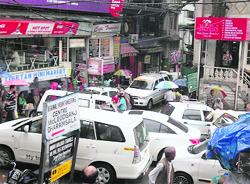 A view of a traffic jam which has become a common sight in McLeodganj near Dharamsala