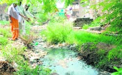 Villagers show the choked sewerage at Kumbran village in Mohali 