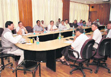 Chief Minister Ramesh Pokhriyal Nishank at a meeting of senior officials on the Char Dham yatra facilities in Dehradun on Tuesday. 