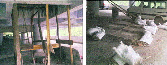 A portion of the KMVN parking that started caving in even before being used at Sukhatal in Nainital, and (right); the newly constructed parking site that is being repaired again. 