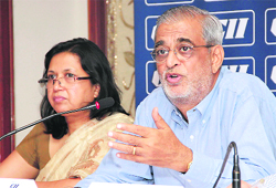 Vijay Thandani, Chairman, CII, northern region, addresses mediapersons in Jalandhar on Tuesday
