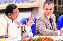 Union Home Minister with Chief Minister Omar Abdullah during a meeting to review the security situation in Jammu and Kashmir on Tuesday