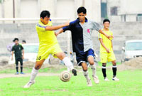 A match in the Lala Nemi Dass Memorial District Football League under way at the Pavilion grounds in Dehradun on Wednesday.