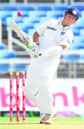 Rahul Dravid avoids a bouncer during the third day of the first test match at