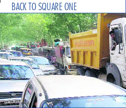 A traffic jam on the national highway at Bahadurgarh in Jhajjar. 