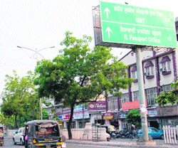 A signboard near the Bharat Nagar Chowk wrongly mentions passport seva kendra as the regional passport office in Ludhiana
