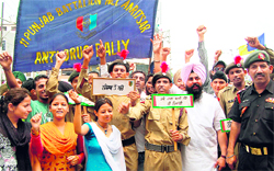 Cadets of 11 Punjab Battalion NCC conduct a rally to observe Anti-Drug Day in Amritsar on Friday