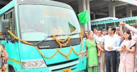 Ambala Divisional Commissioner Anil Kumar flags off a new Haryana Roadways mini-bus for Morni from the Panchkula bus stand on Friday.