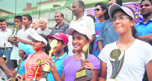 Winners at the prize distribution function of the All-India Talent Series Tennis Tournament played at Shanti Tennis Academy in Dehradun 