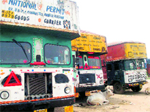 Drivers of transport vehicles staged a protest by parking their trucks in Haridwar on Friday