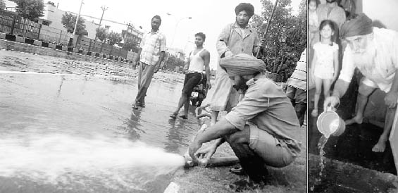 (Left) Fire Brigade staff clears a waterlogged street in a residential area; and a resident drains out water from his house in Mohali