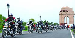 Riders take part in the eighth edition of Himalayan Odyssey, an annual bike rally, which was flagged off in New Delhi