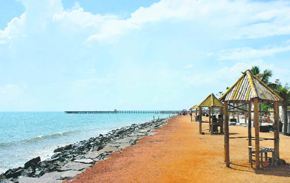 The beachfront is a long promenade along the sea 