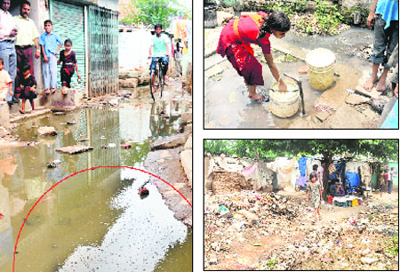 Mosquitoes breed in stagnant water at Colony no 4, Industrial Area; filth around a drinking water tap; and heaps of garbage lying at the entrance to the colony.