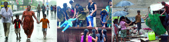 A family caught in the rain during their morning walk in east Delhi on Sunday. (Middle) Girls enjoying themselves at India Gate in New Delhi. A woman tries to restore her jhuggi at Salimar Garden in Shahibabad.