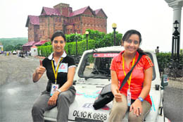 Car rallyist Divya Mighlani (left), with her navigator, Aprajita Juneja, in Jammu on Sunday.