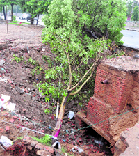 A portion of the road near a hotel in Ludhiana caved in Saturday
