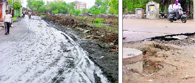 A road full of slush along Buddha Nullah near Salem Tabri; and (right) a portion of road near Lodhi Colony that as caved in at Ludhiana on Sunday