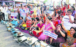 BJP women activists during a protest against the hike in fuel prices in Kota. 