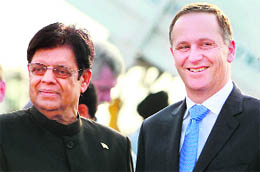 John Key, Prime Minister of New Zealand, being welcomed by MoS for External Affairs E Ahmed on his arrival in New Delhi on Sunday. 