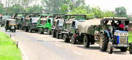 MC vehicles loaded with garbage parked on a road outside the Dadu Majra dumping ground.