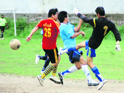 A match in the Lala Nemi Dass Memorial Football League in Dehradun on Monday.