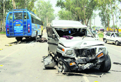 A severely damaged Mahindra Bolero that collided with a private bus in Jagraon on Monday.