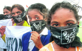 Youngsters from Bhopal, affected by the 1984 gas tragedy, take part in a demonstration outside the Prime Ministers Office in New Delhi on Monday. They demanded rehabilitation, medical care and clean drinking water.
