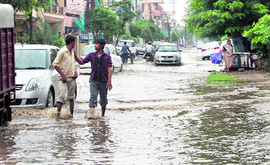 A waterlogged road in Faridabad after a downpour on Tuesday. 