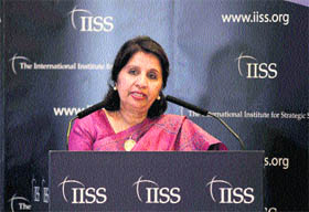 Nirupama Rao delivers a speech at the International Institute of Strategic Studies in London. 