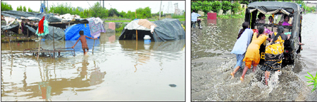 Water enters huts in low-lying areas after a heavy spell of rain in Jalandhar on Tuesday. (Right) Women push an auto-rickshaw, stuck in the water, in Jalandhar